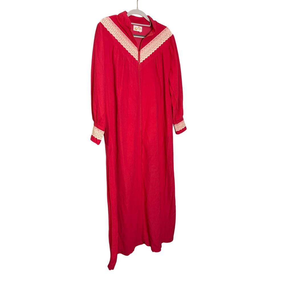 Vintage 1970s Katz pink lace full zip robe housecoat full length